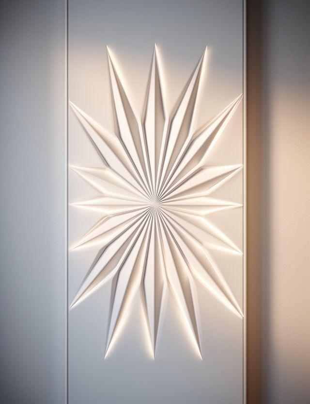 Limitiertes Wandpaneel mit sternförmiger Rosettengeometrie und feinen Kanten in heller Oberfläche